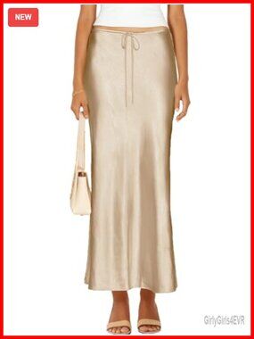 Satin Silk Maxi Skirt Drawstring A-Line Flowy Long Skirt